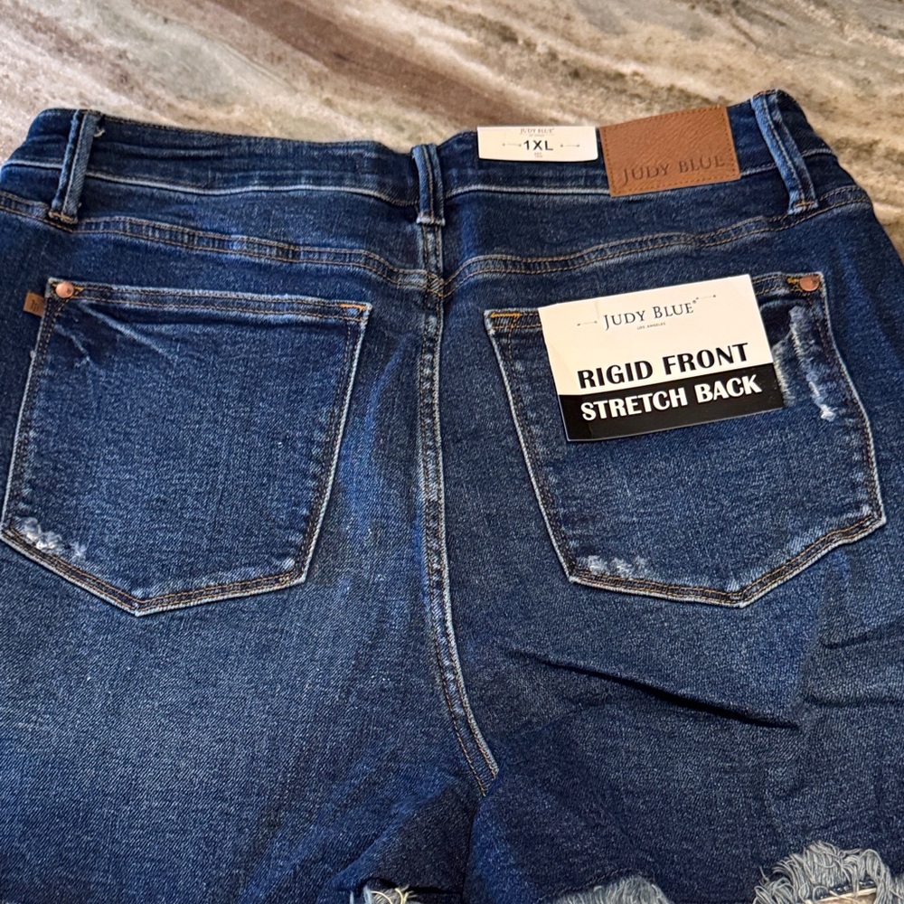 Judy Blue Dark Blue Distressed Frayed Hem Jean Shorts - Picture 5 of 5